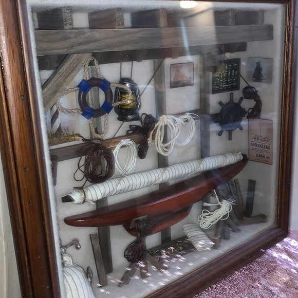 Minature Boatroom Diorama Glass and Wooden Shadow Box 15” W X 13” H X 3” Depth